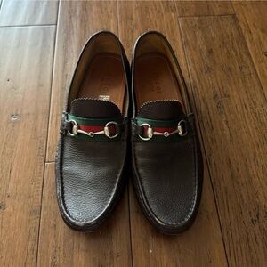 Gucci accent web bow red ribbon Damo horse bit drivers loafers shoes brown 11.5